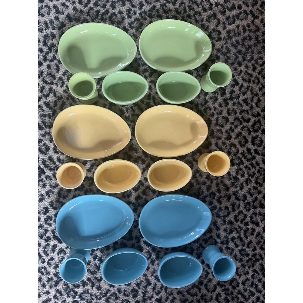 Crate & Barrel 2004 Easter Egg Plate Bowl Cup Set 18pc Yellow Green Blue BIA 🐣